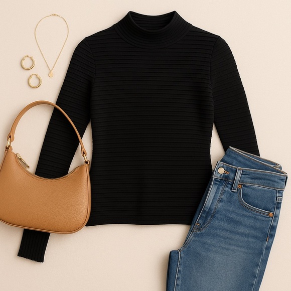 Exhibit A Tops - Exhibit A Black Ribbed Silk-Blend Mock Neck Long Sleeve Top Size Medium Preppy